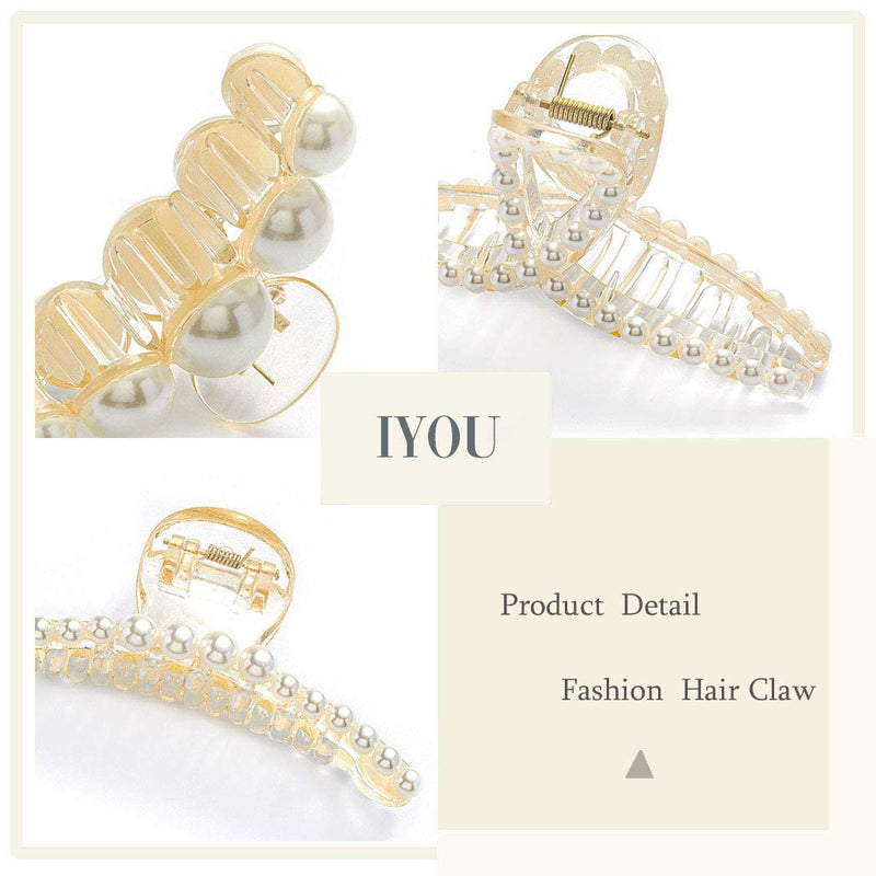 IYOU French Pearl Hair Claw White Large Plastic Banana Clips Hair Claw Clips Thick Nonslip Outdoor Hair Jaw Clips for Women and Girls(3Pcs) - BeesActive Australia
