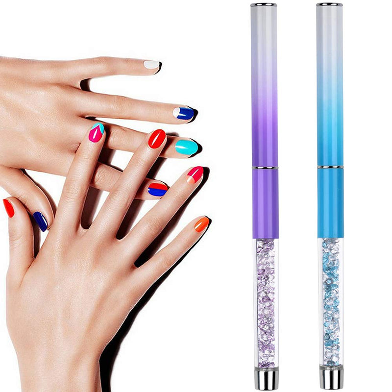 Ycyan 2Pcs Oval & Flat UV Gel Nail Brush Set Rhinestone Handle Professional Nail Art Design Brushes Multi-colored - BeesActive Australia