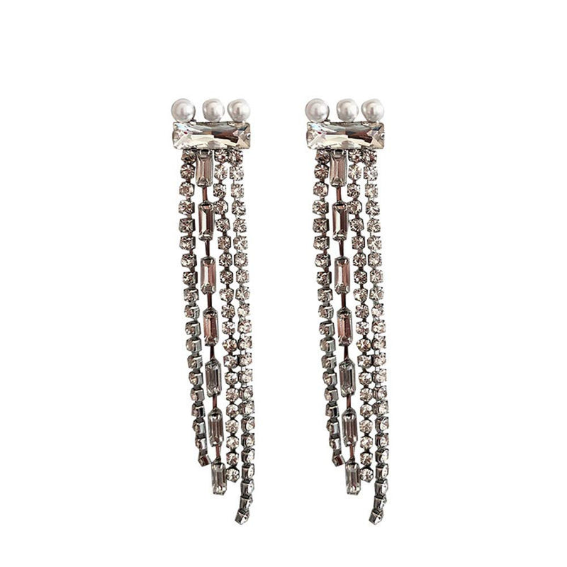 Xerling Rhinestones Crystal Dangle Tassel Earrings Chandelier Drop Fringe Earrings for Women Bridal Wedding Sparkly Pearl Jewelry - BeesActive Australia