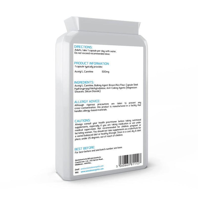 Acetyl-L-Carnitine 500mg 90 Capsules - High-Strength ALCAR with no D-carnitine - Made in The UK - Suitable for Vegans - BeesActive Australia
