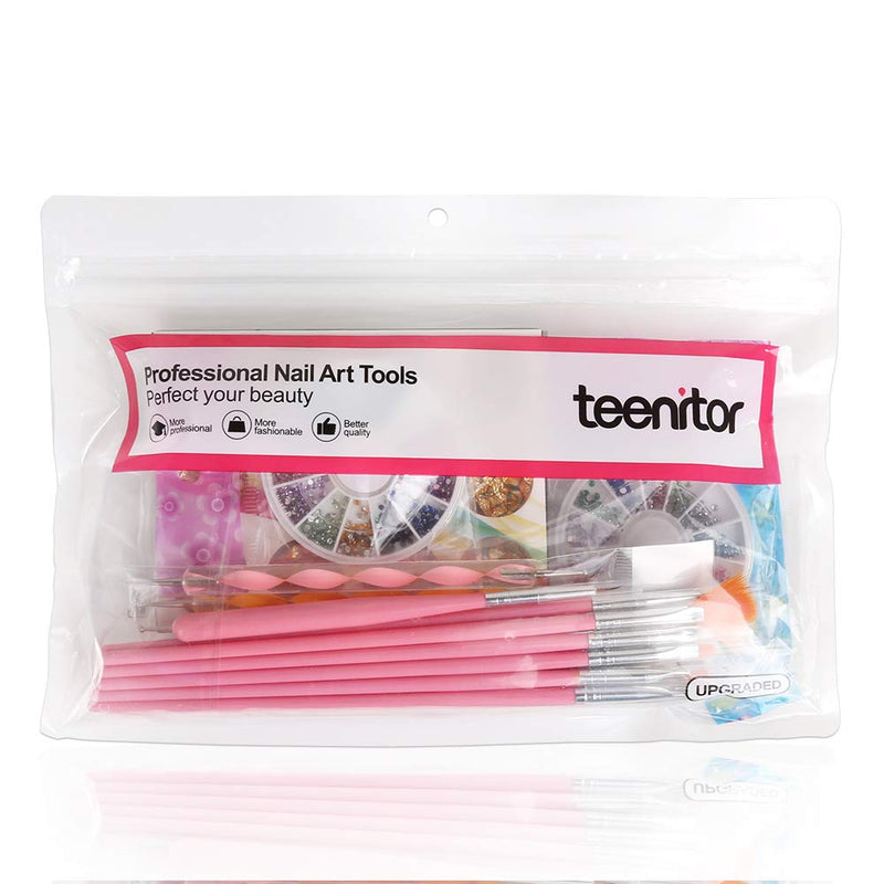 Nail Pen Designer, Teenitor Stamp Nail Art Tool with 15pcs Nail Painting Brushes, Nail Dotting Tool, Nail Foil, Manicure Tape, Color Rhinestones for Nails A-Pink - BeesActive Australia