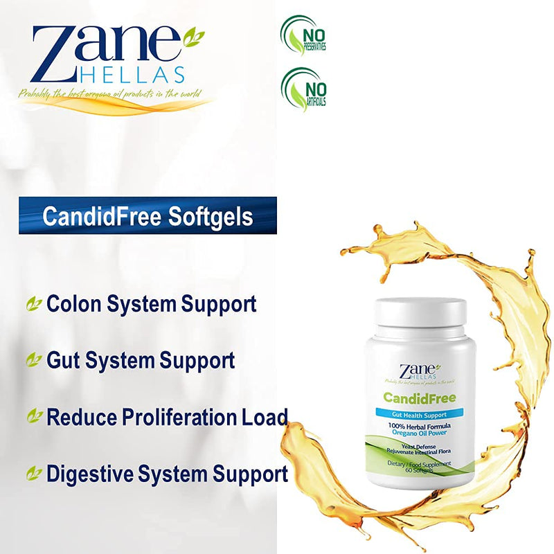 Zane Hellas Candidfree Softgels. Oregano Oil Power. Candida Support. Gut Health Support. Colon Health Support. Intestinal Flora Support. 100% Herbal Solution. 120 Softgels. Pack of 2. - BeesActive Australia