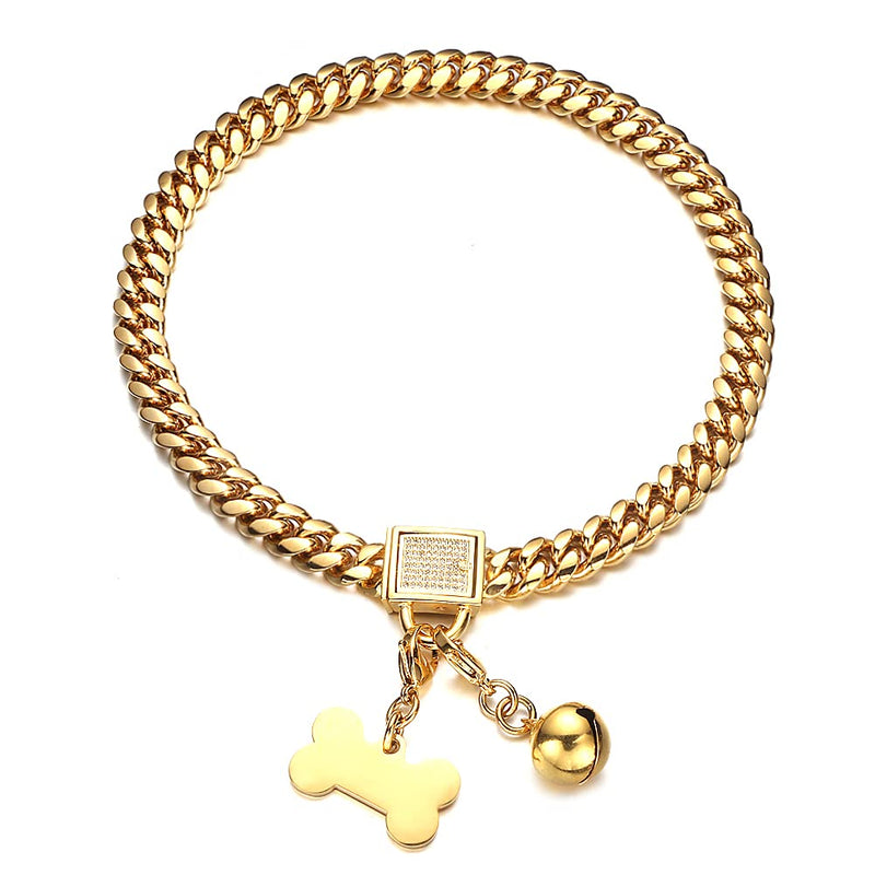 Aiyidi Gold Dog Chain Collar 10mm Wide Cuban Link Puppy Collar Golden Dog tag Golden Bell Stainless Steel with Bling Cubic Zirconia Secure Buckle Choke Collar for Dogs(10'') 10inch(for 8-9.5inch dog's neck) - BeesActive Australia