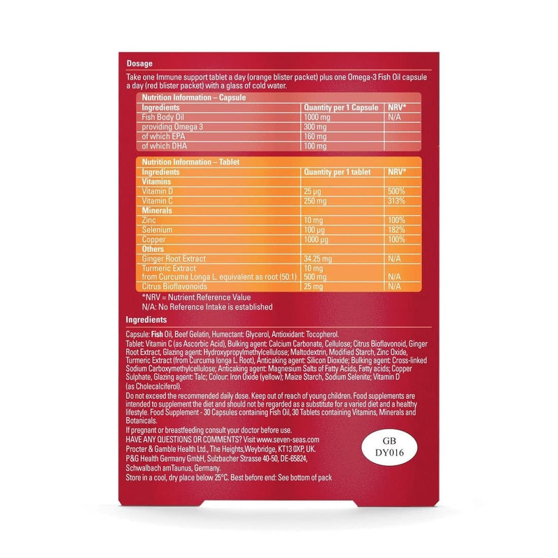 Seven Seas Omega-3 Fish Oil Immunity, 1000 mg Fish Oil + 300 mg Omega-3, 60 High Strength Tablets, 260 mg EPA & DHA & Vitamin D, With Vitamin C & Zinc, Duo Pack: 30 Capsules + 30 Tablets - BeesActive Australia