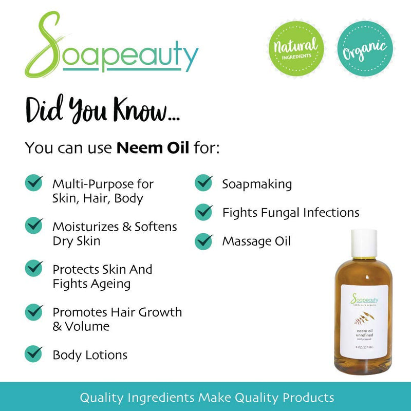 NEEM OIL Organic Cold Pressed Unrefined | 100% Pure Natural Neem Oil for Skin & Hair | Moisturizer for Skin, Promotes Hair Growth, Soap Making, Lotions | Sizes 4OZ to 1 GALLON | (16 OZ) - BeesActive Australia