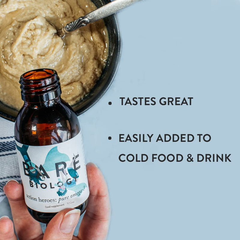 Bare Biology Action Heroes Pure Omega 3 Fish Oil Daily Liquid - Optimum Support for Brain Function & Eyes - from 6 Months Old - Super Strength/Made from Sustainably Sourced Fish (100ml) - BeesActive Australia