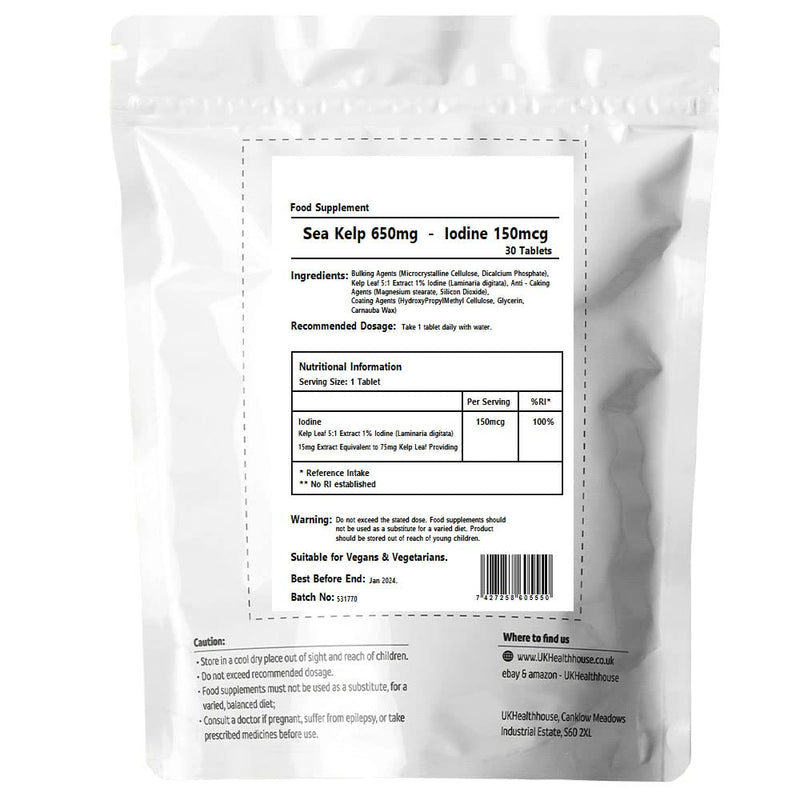 Sea Kelp Extract 650mg - Iodine 150mcg - 30 Tablets - Thyroid Health - Hair Growth - Skin - Immune Support - Slimming Pills - Vegan Supplements - BeesActive Australia