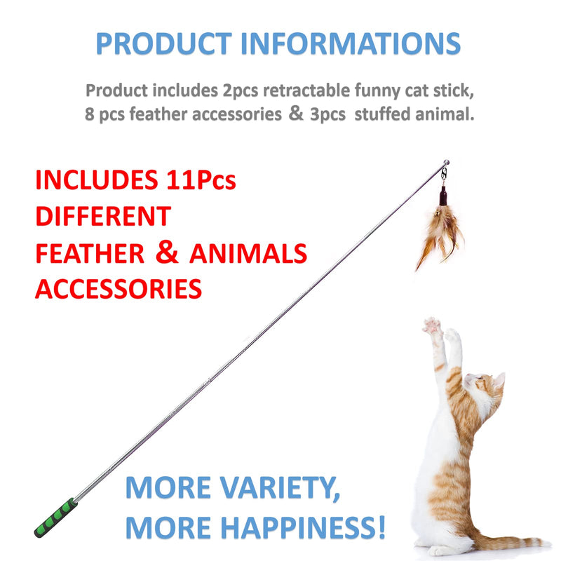 WHEFORY Retractable Cat Teaser Cat Wand Toy, Cat Toys for Indoor Cats Interactive Cat Toy Fishing Rod with 11 Pcs Refills Feather Toys & Plush Animals - BeesActive Australia