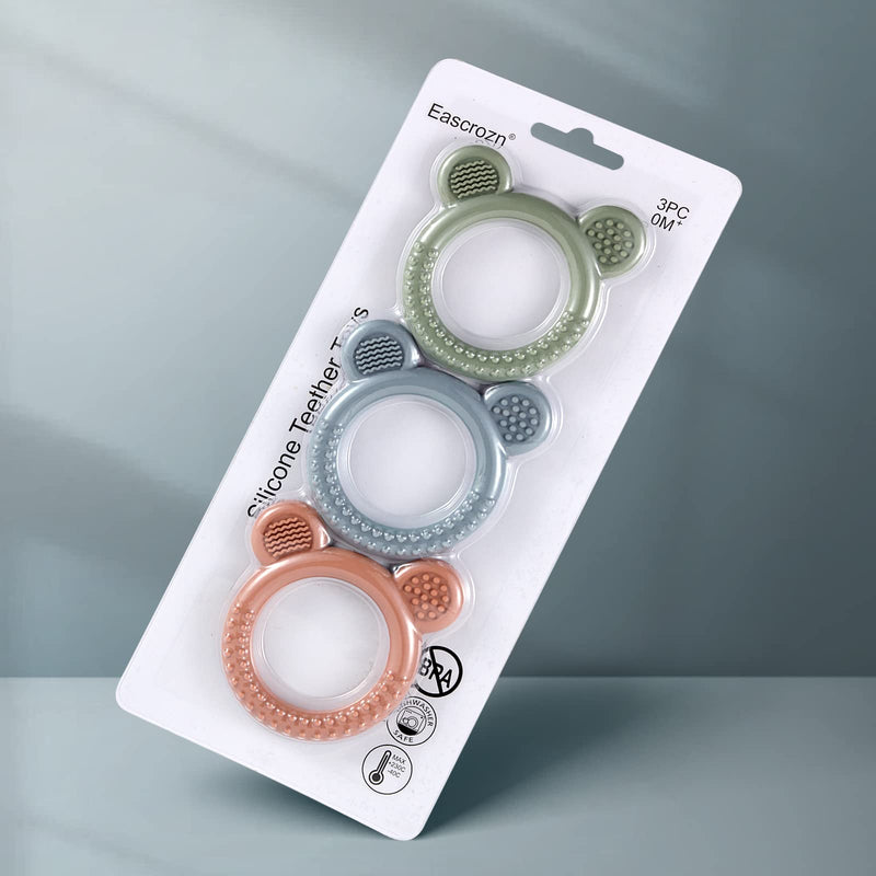 Eascrozn Baby Teething Toys for Babies 0-6 Months Set of 3, Baby Toys 6 to 12 Months, BPA Free Soft and Textured Bear Ring Silicone Teether Relief Soothing Sore Gums Chew Infant Toys - BeesActive Australia