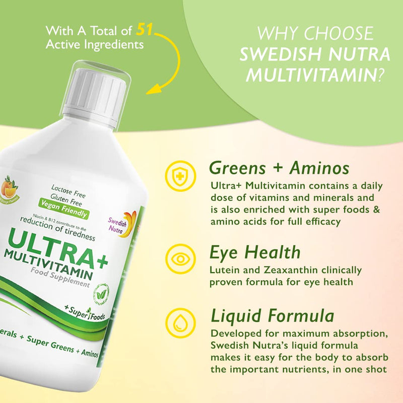 Swedish Nutra Vegan Multivitamin Liquid - Pack of 500ml, 33 Day Supply| Orange Flavour with 51 Active Ingredients| 100% Natural Flavour| High Absorption Rate| Vitamins, Minerals, Aminos & Super Greens - BeesActive Australia