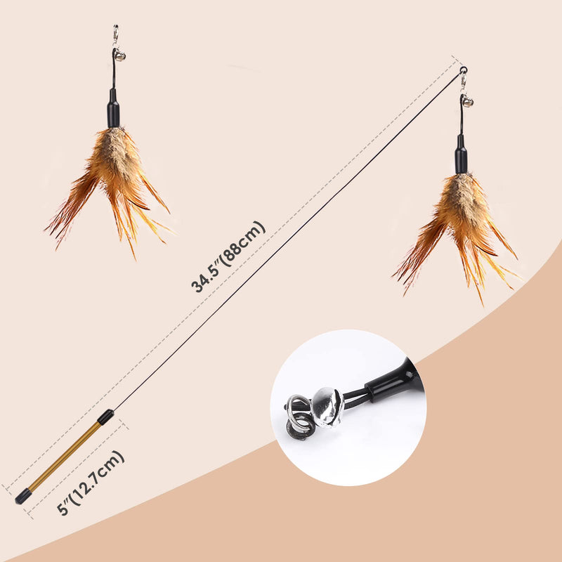 Pawaboo Feather Teaser Cat Toy, Interactive Feather Wand Cat Toy Flying Feather Cat Catcher with Extra Long 34.5" Wand and Small Bell, Fun Exerciser Playing Toy for Kitten or cat Brown - BeesActive Australia