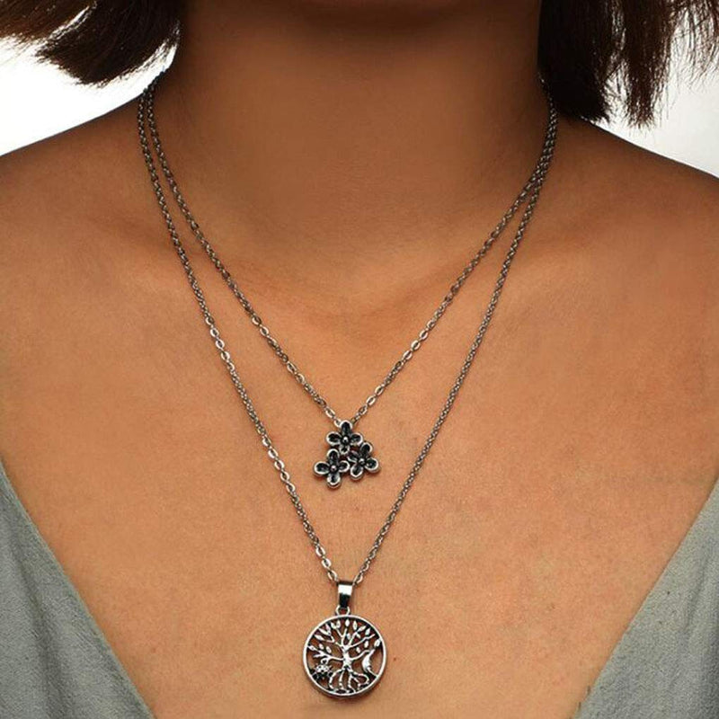 Yalice Boho Layered Pendant Necklace Chain Life of Tree Necklaces Silver Flower Pendant Necklaces Jewelry for Women and Girls - BeesActive Australia