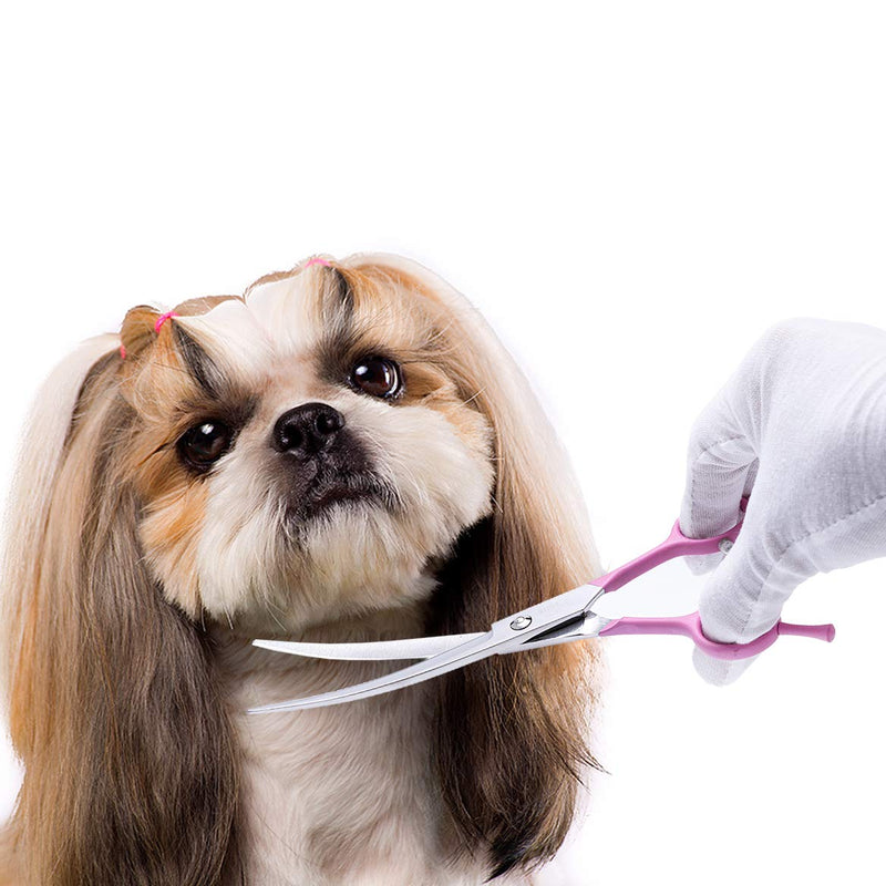 LovinPet 7.5" Left/Right-Handed Pet Curved Dog Scissor/Safety Blunt-tip Grooming Curved Dog Shear/Professional Home Pet Trimming Dog Grooming Scissors for Dogs and Cats (Easy Use) Pink ( Stainless Steel ) - BeesActive Australia