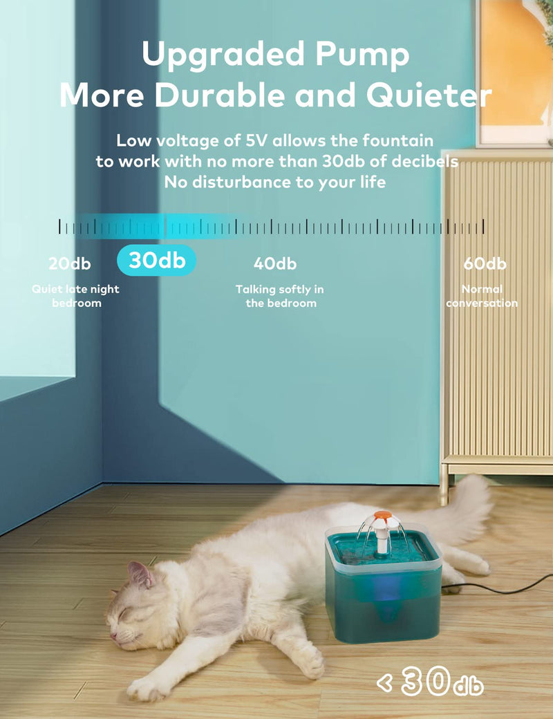 AONBOY Cat Water Fountain, Ultra Silent Cat Fountain 2L, with LED Light, Activated Carbon Filter, Pet Water Fountain for Cats and Small Dogs Cyan - BeesActive Australia