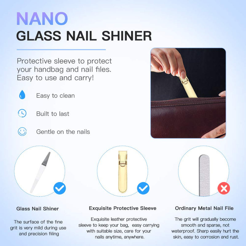 Nano Glass Nail Shiner, Senignol 2PCS Glass Nail Files, Crystal Nail Shine Buffer Polisher with Gold Leather Case, Professional Nail Care Manicure Tools Kit for Natural Nails Fingernails Toenails - BeesActive Australia