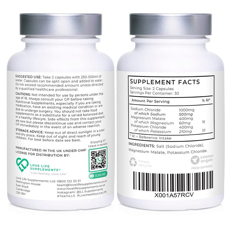 Electrolyte Balance | Electrolytes Tablets Sugar Free | 60 Capsules - 30 Servings | High Strength 1000mg Sodium Chloride, Magnesium & Potassium for Maximum Hydration | Keto Friendly | LL Supplements - BeesActive Australia