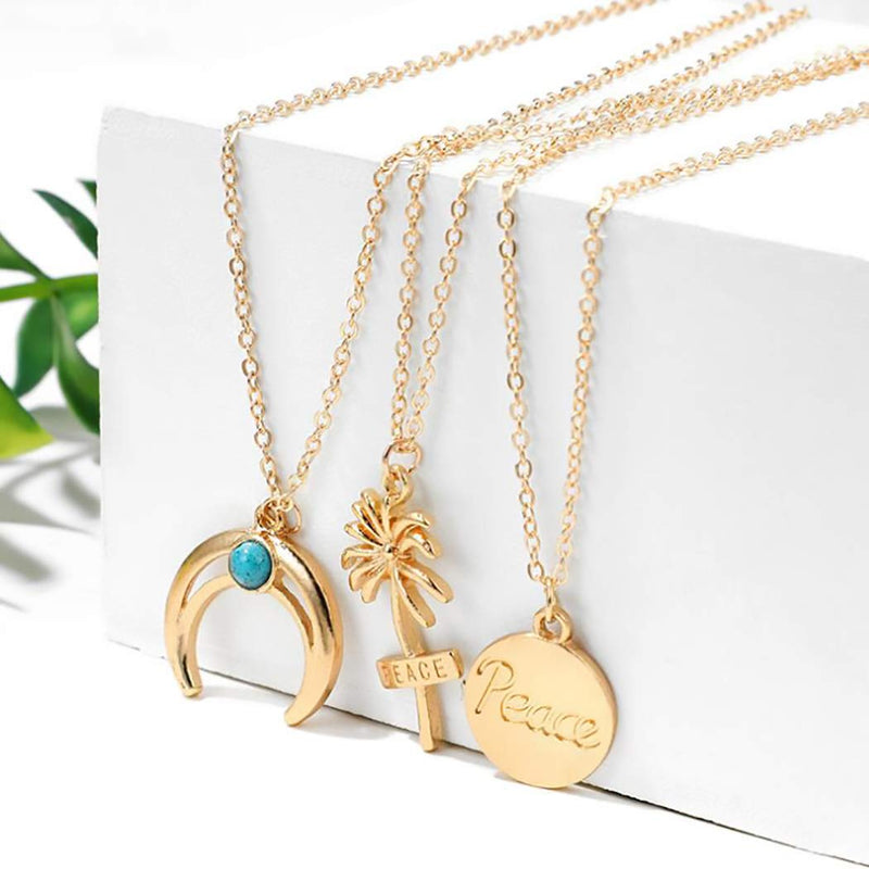 Campsis Gold Moon Pendant Necklace Multi Layered Chains Turquoise Necklaces for Women and Girls - BeesActive Australia