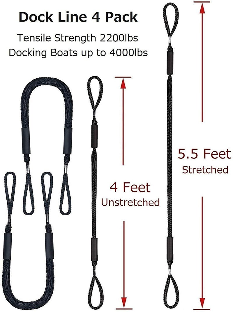 Jranter Bungee Dock Lines, 4 Feet Bungee Shock Cords Bungee Docking Rope Mooring Rope for Boat,PWC,Jet ski,Pontoon,Kayak,Canoe,Power Boat,Watercraft (4 Packs) Black - BeesActive Australia