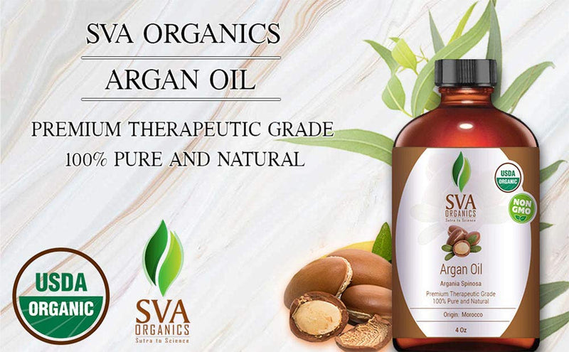 SVA Organics Argan Oil Organic Cold Pressed 4 Oz USDA 100% Pure & Natural Authentic Premium Therapeutic Grade Carrier Oil for Shiny Hair, Beard, Face, Dry Skin Care, Body Moisturizer - BeesActive Australia