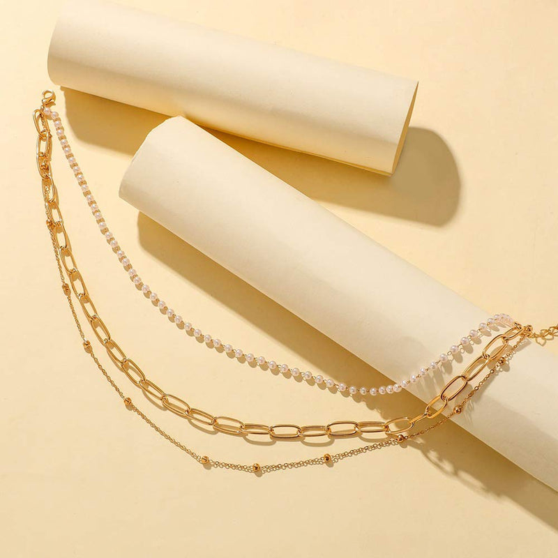 Wekicici Pearl Chunky Chain Necklace Gold Chunky Chain Choker Boho Mulitl Layered Necklace for Women and Girls - BeesActive Australia