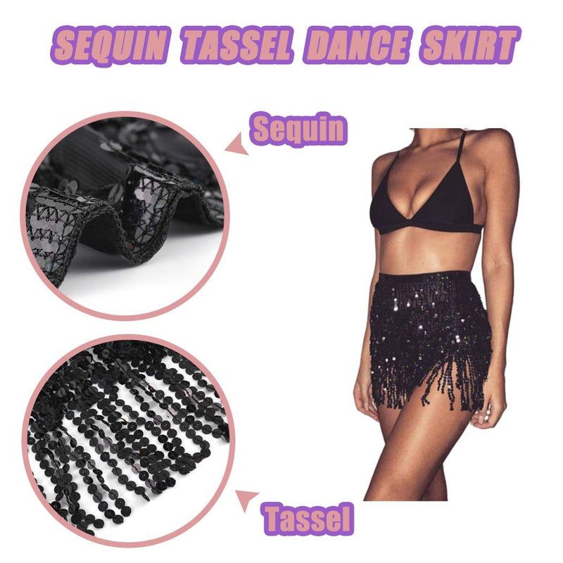 ELABEST Sequin Tassel Belly Dance Skirt Fringe Hip Scarf Rave Costume for Women and Girls Black - BeesActive Australia