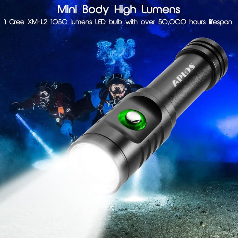 APLOS AP01 Diving Flashlight, XM-L2 5000k LED 1050 Lumen Scuba Dive Light, IPX8 Waterproof Underwater 100m 328ft Professional Submersible Light with Rechargeable Batteries and Charger - BeesActive Australia