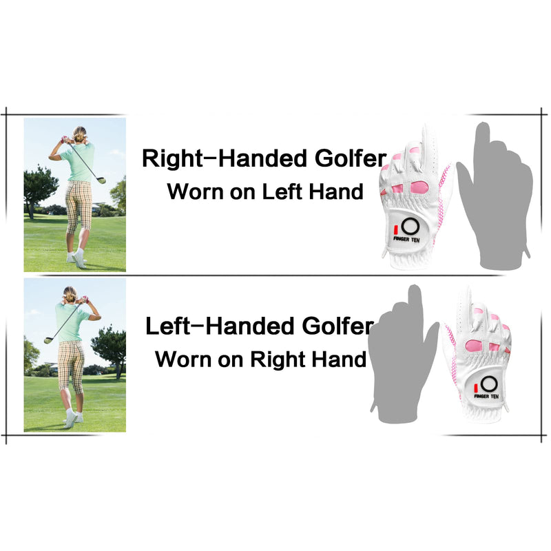FINGER TEN Womens Golf Gloves Ladies Left Hand Right Value 6 Pack, All Weather Extra Grip Lh Rh, Size Fit Small Medium Large XL Worn on Left Hand(Right-Handed Golfer) - BeesActive Australia