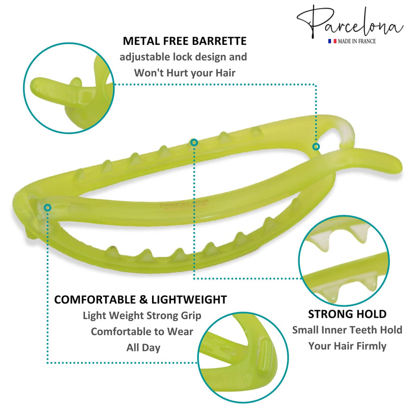 Parcelona French Oval Simple 4 1/4" Large Cellulose Acetate Metal Free Hair Barrette Clips Ponytail Non Slip Fashion Durable Styling Women Hair Accessories Hair Clip for Girls, Made in France(Neon Lemon Green) Neon Lemon Green - BeesActive Australia