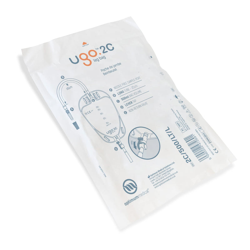 Ugo Leg Bags (x10) – Urine Drainage Bags/Catheter Leg Bags, T Tap or Lever Tap with Soft Fabric Backing and a Natural Leg-Shape Design, Leg Bag for Men and Women (5C - 350ml, Direct Inlet, Lever Tap) 2C - 500ml, Long Tube, Lever Tap - BeesActive Australia