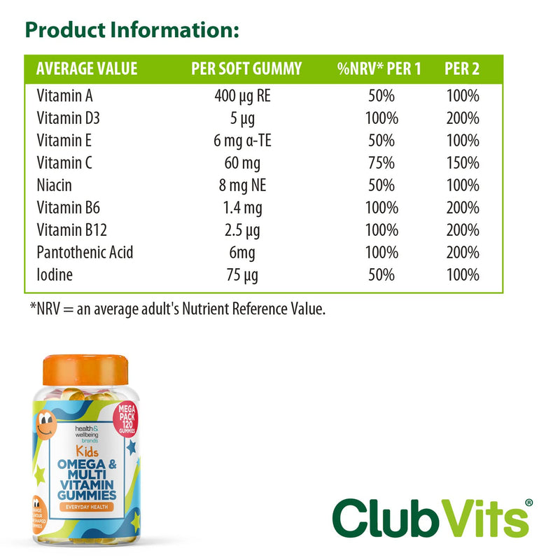 Omega and Multivitamin for Children, 120 Gummies for Kids - Orange Flavour- 9 Essential Vitamins + Minerals, Vitamin C D A & B Vitamins for Children - Pack of 120 Chewable Vitamins - by Club Vits 120 Count - BeesActive Australia