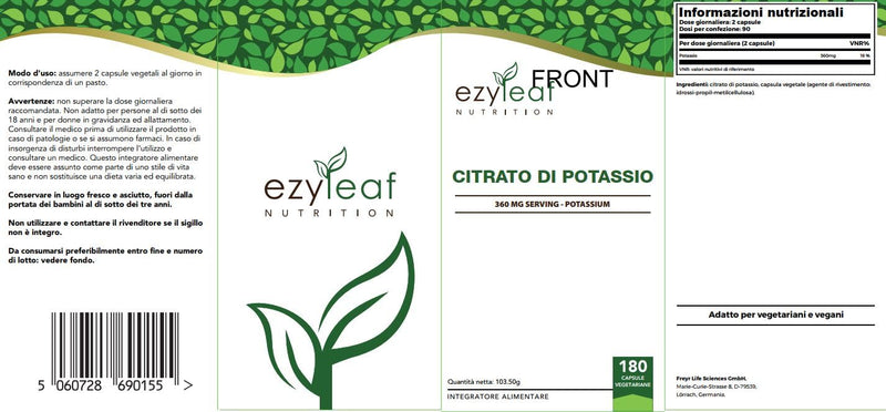 Ezyleaf Potassium Citrate | 180 High Strength Potassium Capsules - 1000mg Potassium Citrate per Serving | Potassium Supplements | Clean, No Fillers Formula | Vegan, Non-GMO Gluten & Allergen Free | UK - BeesActive Australia
