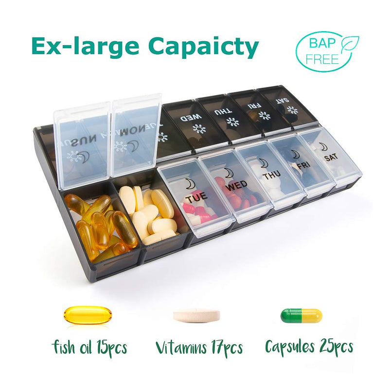 Daily Pill Boxes 7 Day 2 Times a Day, Weekly Pill Organiser am pm, Large Medicine Storage Box 14 Compartments, Tablet case for Vitamin Medication, Pill Dispenser dosset Box for Fish Oil & Supplement Black-white - BeesActive Australia
