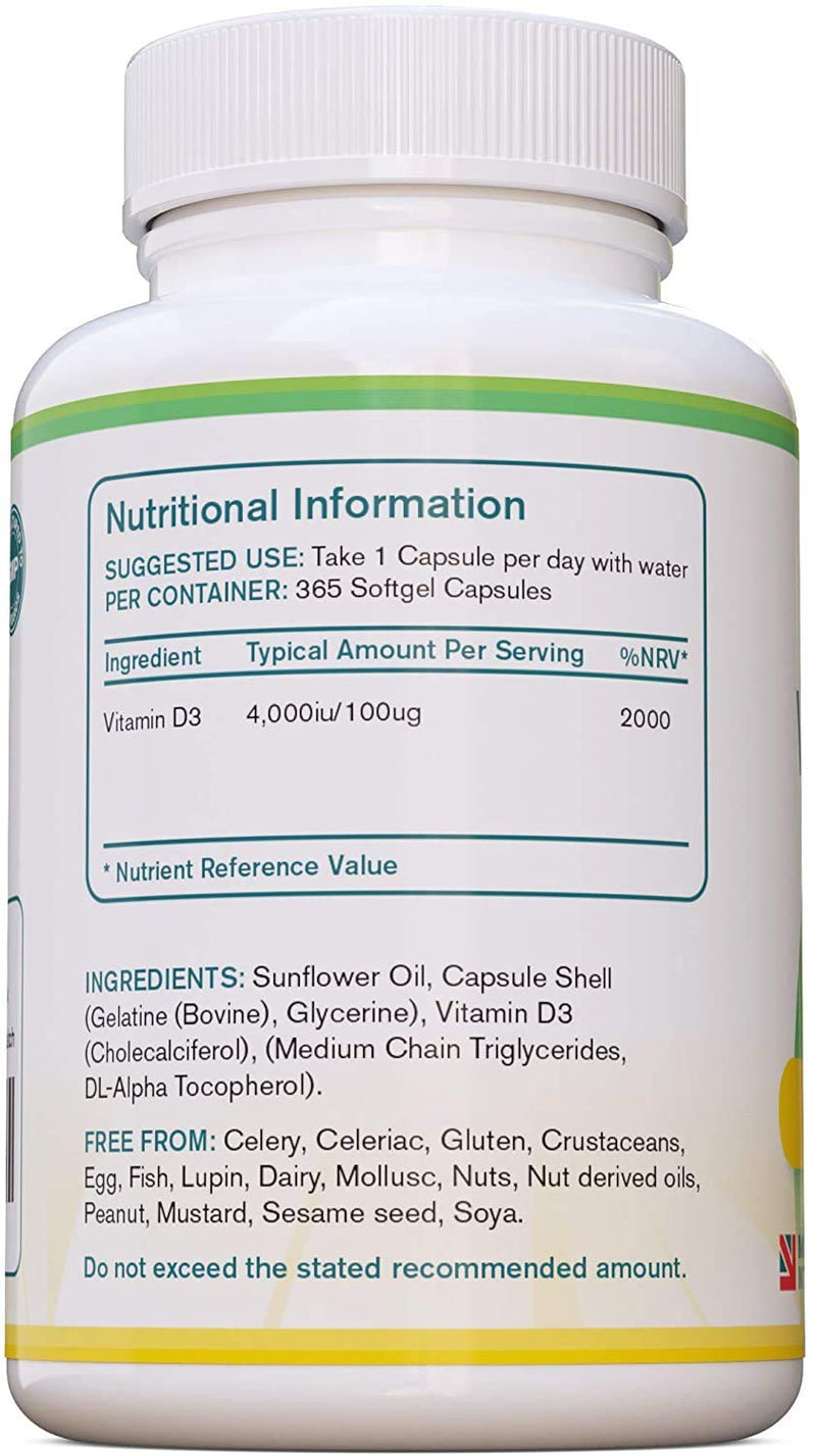 Premium Vitamin D3 Softgel | High Strength Vitamin D3 4000iu Supplement | 365 Easy to Swallow Softgel Capsule | One a day, Year Supply |Supports Healthy Bones,Teeth, Muscle and Immune System | UK Made - BeesActive Australia