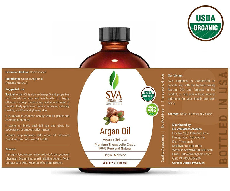 SVA Organics Argan Oil Organic Cold Pressed 4 Oz USDA 100% Pure & Natural Authentic Premium Therapeutic Grade Carrier Oil for Shiny Hair, Beard, Face, Dry Skin Care, Body Moisturizer - BeesActive Australia