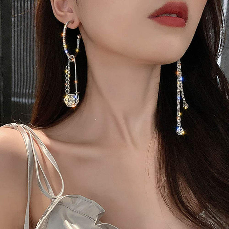 Xerling Tassel Earrings Rhinestone Safety Pin Earrings for Women Crystal Asymmetric Drop Dangle Earrings Mismatch Jewelry for Girls - BeesActive Australia