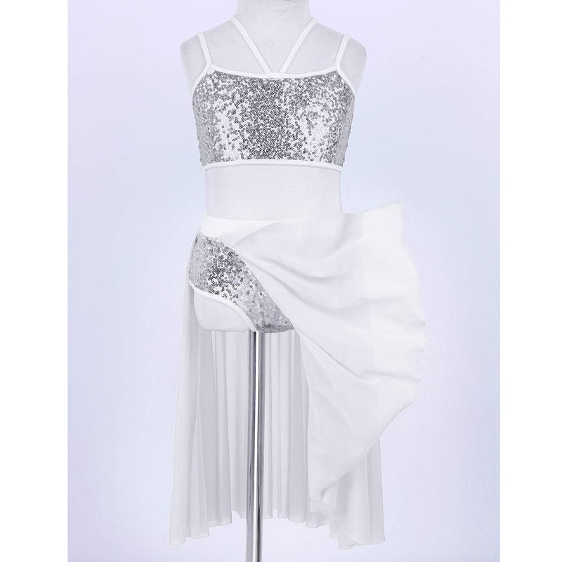 [AUSTRALIA] - inlzdz Kids Girls Two-Pieces Dance Set Shiny Sequins Crop Tops Irregular Skirts Lyrical Ballet Modern Dancewear Ivory 8 / 10 