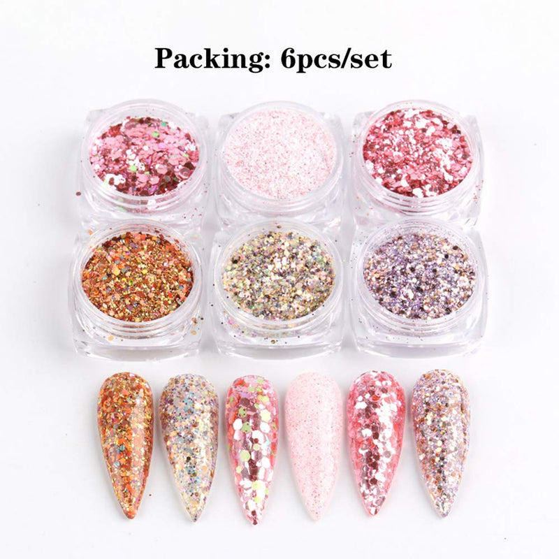 6 Boxes Nail Glitter Sequins Mixed Rose Gold Hexagon Glitter Set Holographic Nail Art DIY Sparkly Nail Acrylic Nails Tools Tips Charms Decoration designs Fashion women Manicure accessories - BeesActive Australia