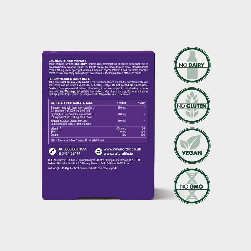 New Nordic Blueberry Eyebright Plus Mega Strength - One-A-Day Tablets - 30 Tablets - Natural Eye Supplement Tablets - Suitable for Women and Men - Vegan & Gluten Free formula for Optimal Eye Care - BeesActive Australia