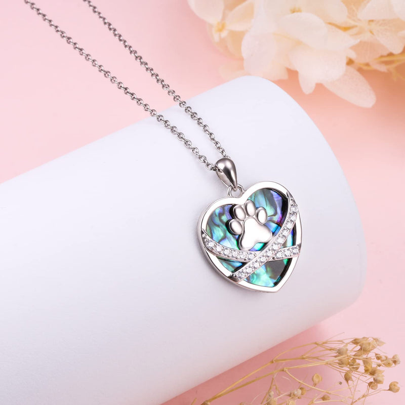S925 Sterling Silver Puppy Dog Cat Pet Paw Print Love Heart Pendant Necklace 18 inches Pet Paw Print-Abalone Shell - BeesActive Australia