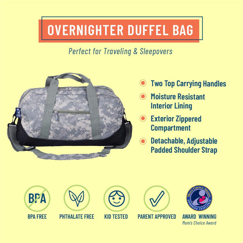 Wildkin Kids Overnighter Duffel Bags for Boys & Girls, Measures 18 x 9 x 9 Inches Duffel Bag for Kids, Carry-On Size & Ideal for School Practice or Overnight Travel, BPA-free (Digital Camo) Digital Camo - BeesActive Australia