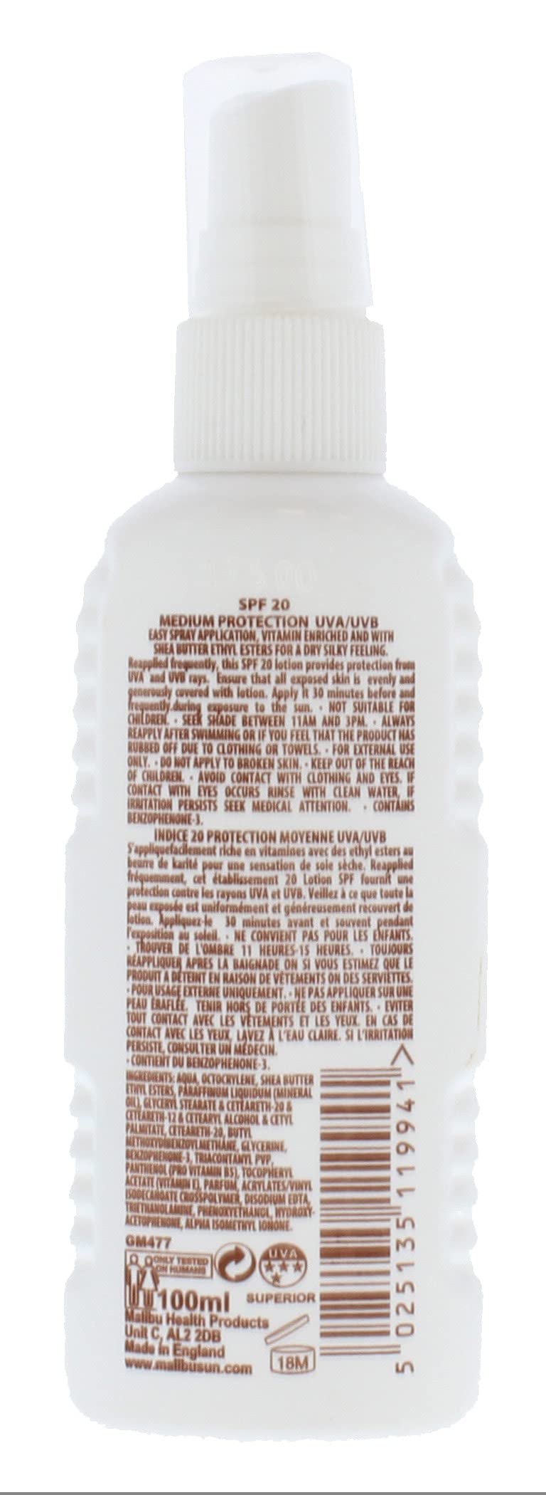 Malibu Sun SPF 20 Lotion Spray, Medium Protection Sun Cream, Water Resistant, Vitamin Enriched, with Shea Butter Extract, 100ml - BeesActive Australia