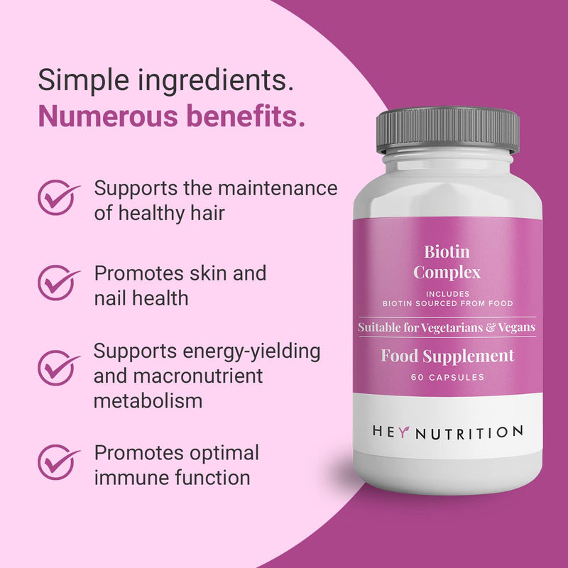 Hey Nutrition Biotin Complex Supplement - Biotin, Selenium, and Zinc - Supports Hair, Nails & Skin - Promotes Immune Health - No Artificial Flavours, Non-GMO & Dairy-Free - 60 Vegan Capsules - BeesActive Australia