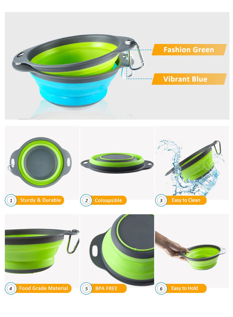 WOOPET Dog Bowls - Human Grade, Collapsible Dog Bowls, BPA Free, Food Grade Silicone Dog Bowls- Easy to use Indoors or for Traveling 5.5 cups Blue + Green - BeesActive Australia