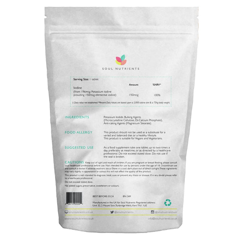 Iodine 150mcg 500 Tablets | Max Strength Potassium Iodine | Pregnancy Health & Thyroid Supplement | Vegan UK Made | GMP Approved | Soul Nutrients - BeesActive Australia
