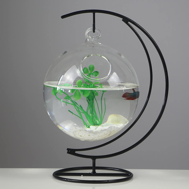 STOYRB Desktop Hanging Glass Fish Tank Mini Table Aquarium Glass Betta Fish Bowl Clear Fish Cylinder Bowl with Iron Stand for Office Home Decor, 1 Fish Bowl A1 - BeesActive Australia