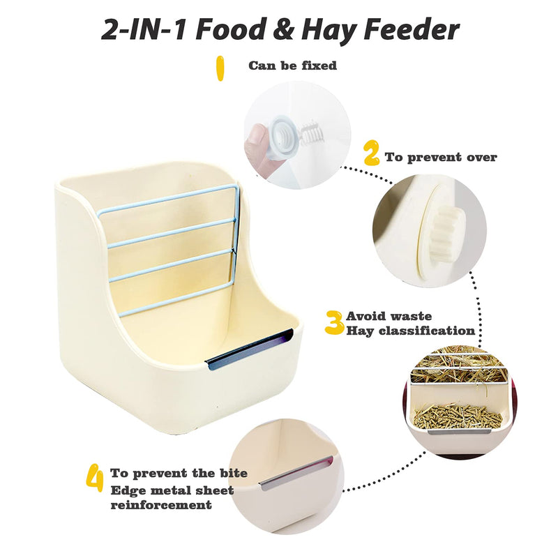 HERCOCCI Rabbit Hay Food Bin Feeder and Bunny Water Bottle Set, Hay Food Feeder Bowls Manger Rack with 500ml Hanging Water Dispenser Prevent Knock Over for Rabbit Guinea Pig Chinchilla Large WHITE - BeesActive Australia
