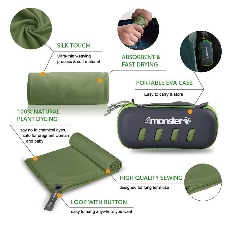 4Monster Microfiber Towel, Travel Towel, Camping Towel, Fast Drying, Soft Light Weight, Suitable for Gym, Beach, Swimming, Backpacking and More Army Green Small (15.7 x 31.5 inches) - BeesActive Australia