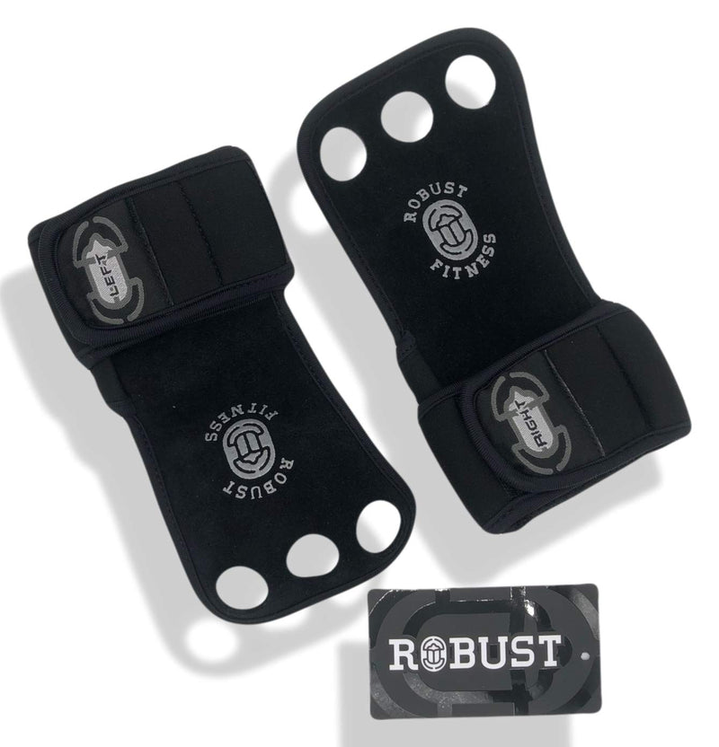 [AUSTRALIA] - ROBUST FITNESS Genuine Leather Hand Grips for Cross-Training, Pull-ups, Weightlifting, WODs with Neoprene Wrist warps. Palm Shield from Rips & Blisters. Black Medium 