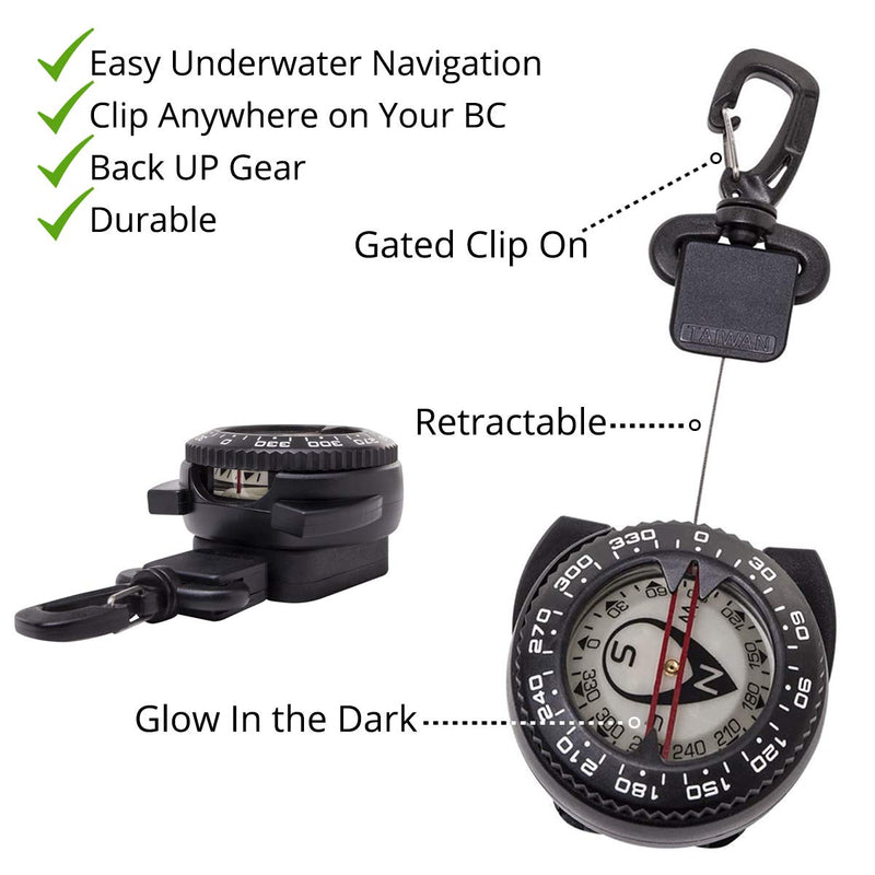Trident Retractor Compass with Gate snap, Waterproof Oil Filled Compass for Scuba, Camping, Kayaking and Outdoor Sports Black, Gate Clip - BeesActive Australia