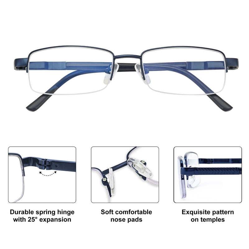 Madison Avenue Metal Half Frame Blue Light Blocking Reading Glasses for Men Spring Hinge 0.0 x - BeesActive Australia